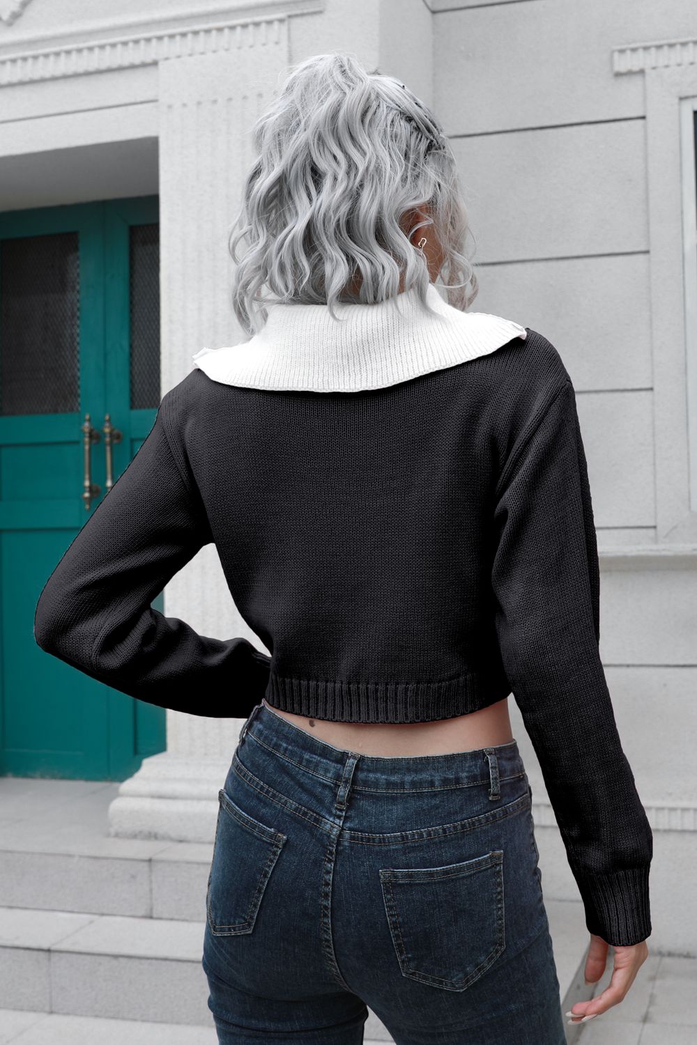 Maxct &Contrast Collared Cropped Sweater