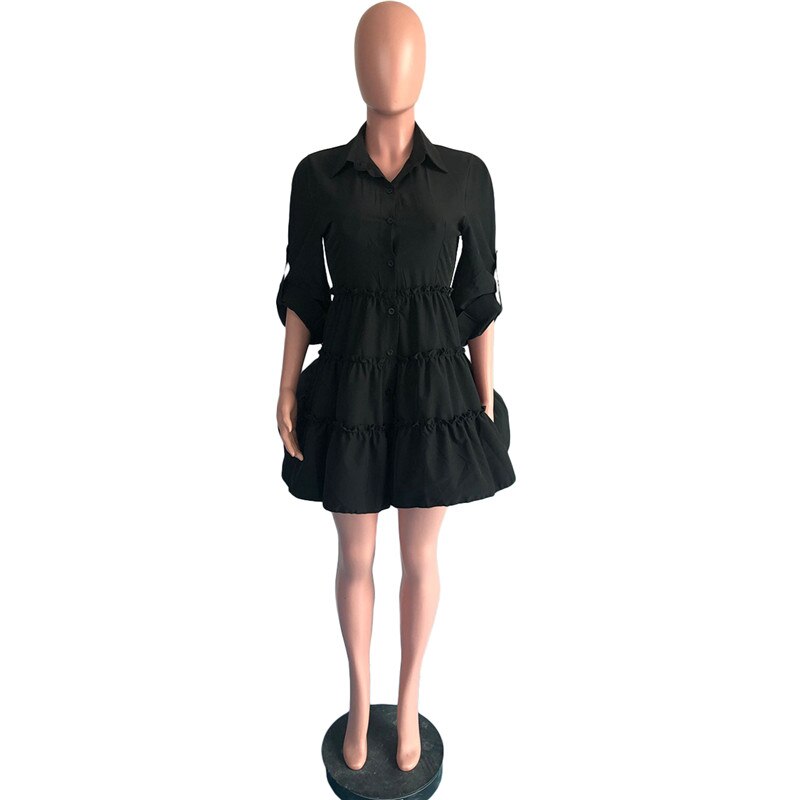 Solid Ruffles Shirt Dress Women Streetwear Half Sleeve Buttons Up High Waist Mini Dress Summer Casual Party Dresses