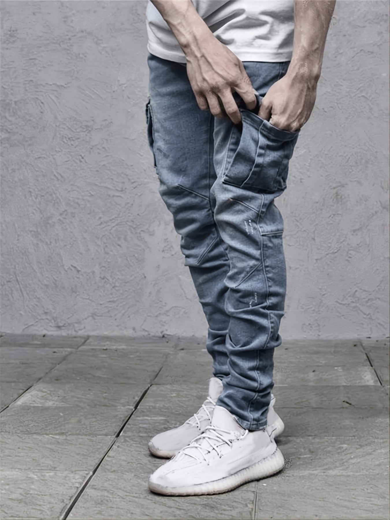 Men's Solid Color Multi-pocket Skinny Jeans For Autumn And Winter