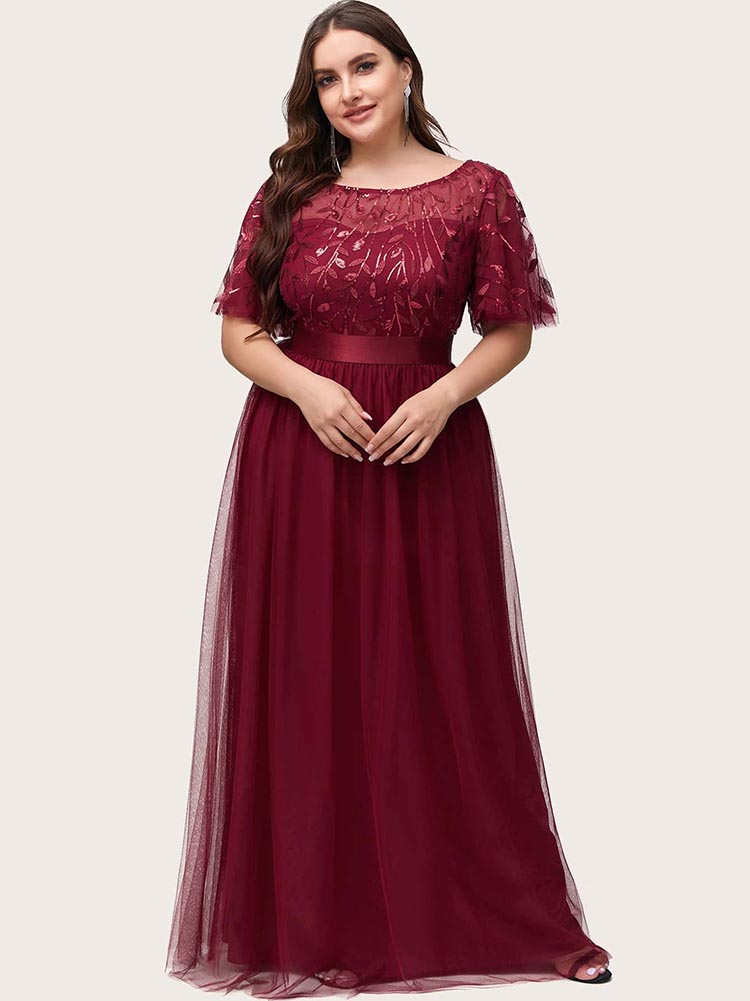Leaf Sequin Bodice Mesh Party Dress Maxct