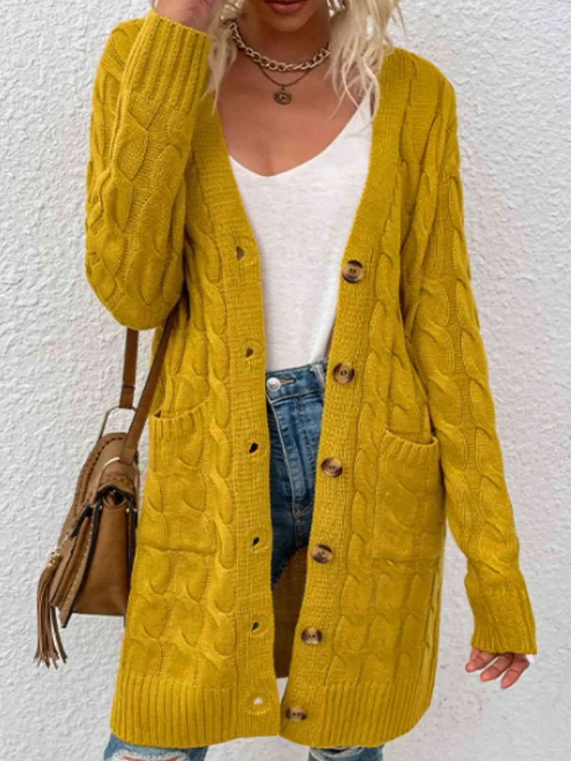 Maxct &Cable-Knit Button Down Cardigan with Pockets