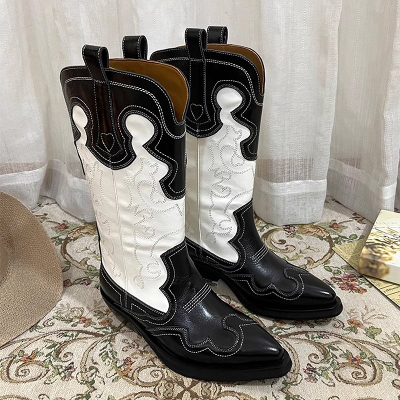 Womens Contrasting Embroidery Western Boots Mid Calf Cowboy Boots Maxct