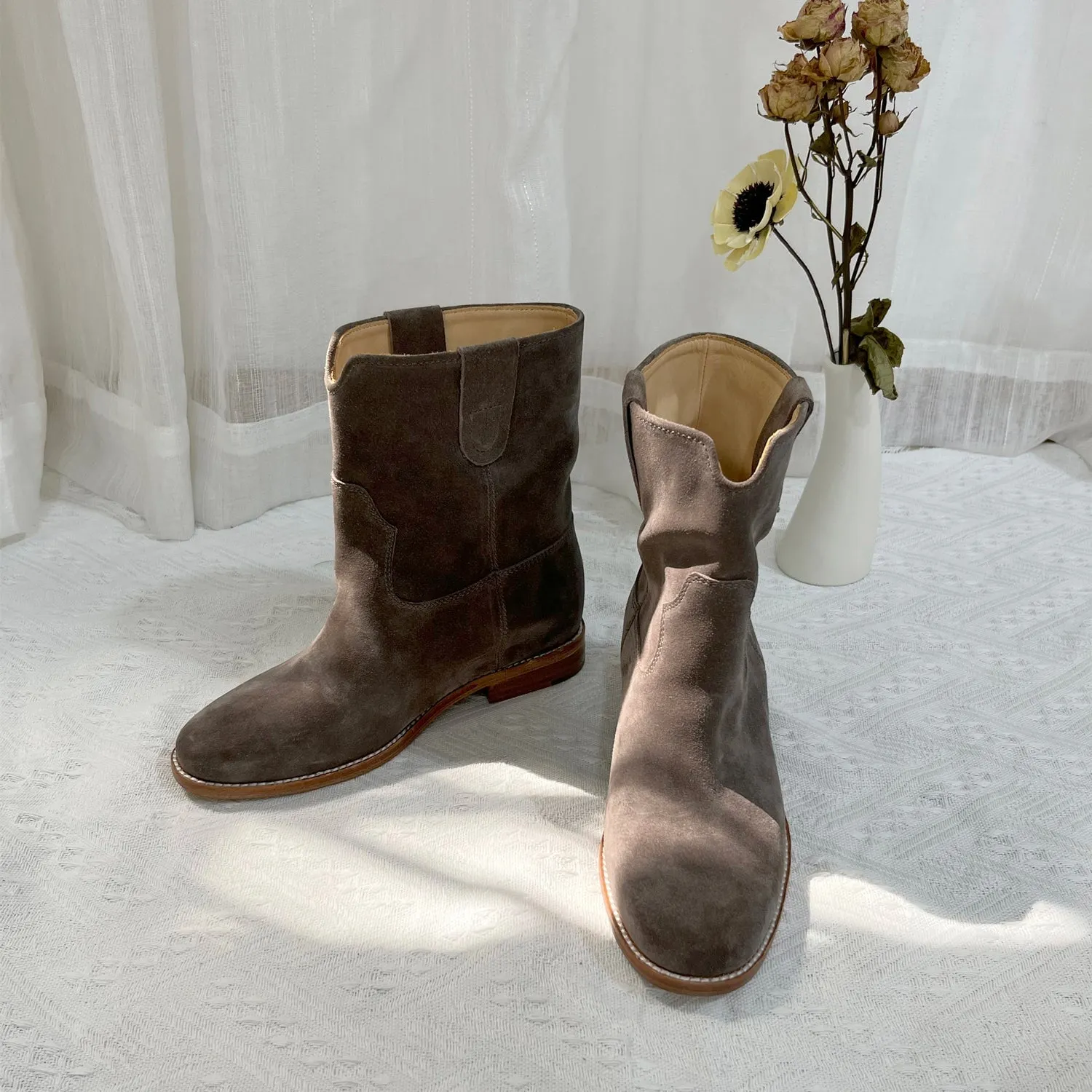 Womens Suede Mid Calf Western Cowboy Boots Maxct