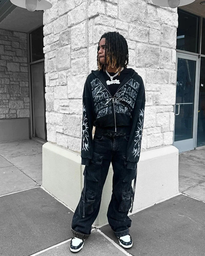 Maxct American Retro Gothic Rock Letter Print Hoodie Men's Y2K Streetwear Harajuku Loose Casual Zipper Sweatshirt Couple Style Clothes