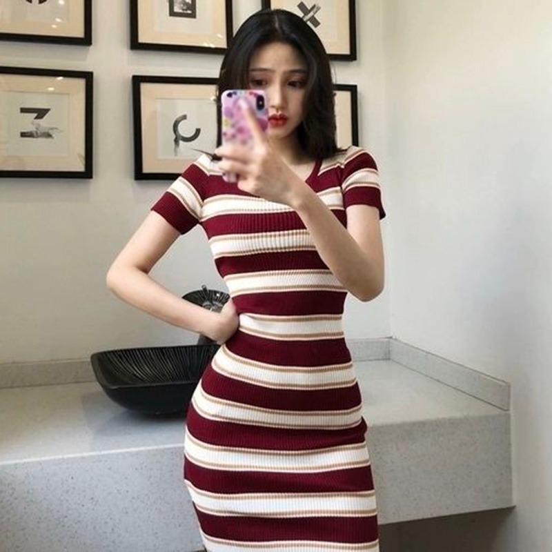 Maxct Women Elegant Maxi Strip Knit DressesA Line Casual Clothes Pullover Midi Robe Short Sleeve High Waist Ribbed Sexy Vestidos