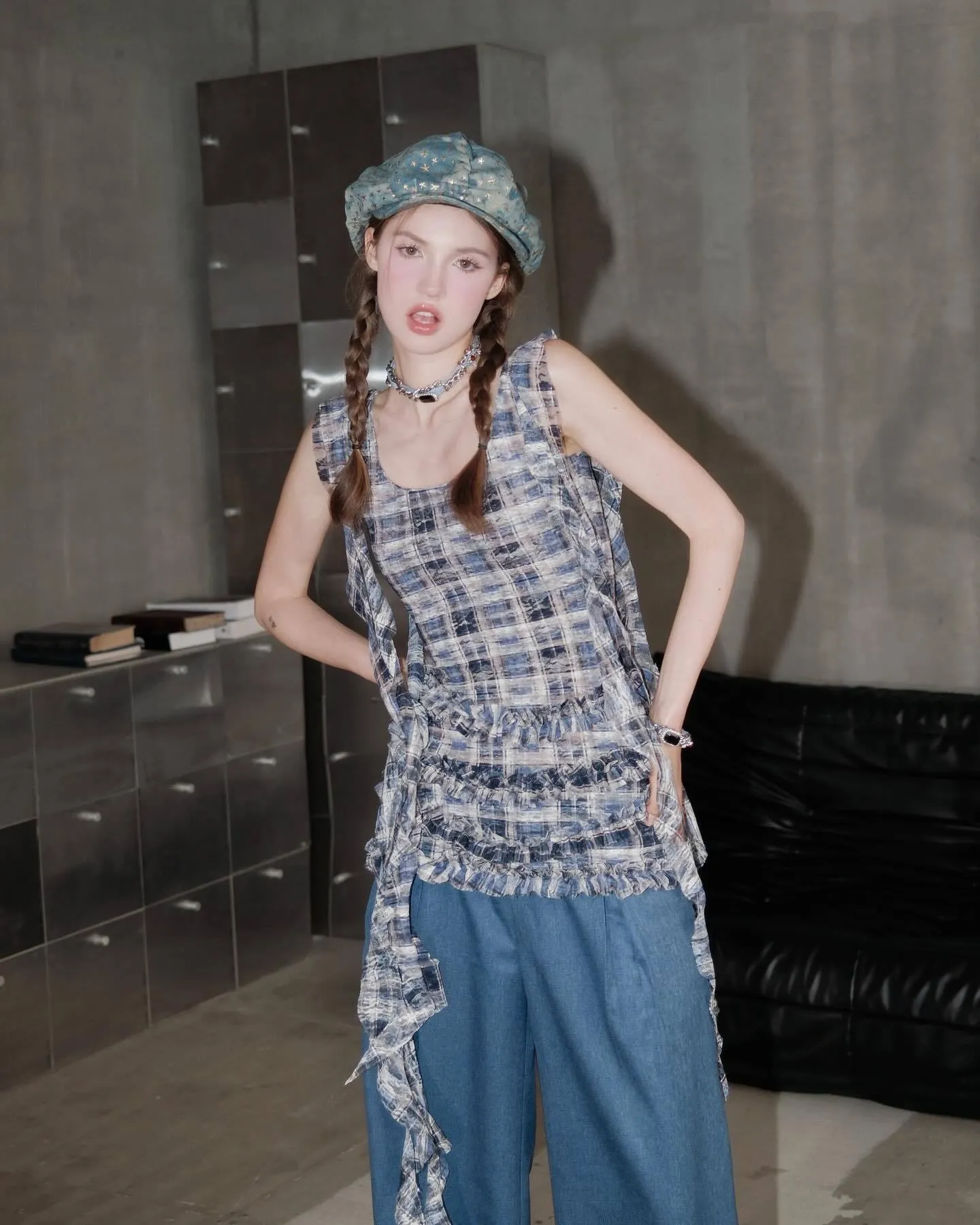 Pleated Plaid Miniskirt Sleeveless Dress Maxct