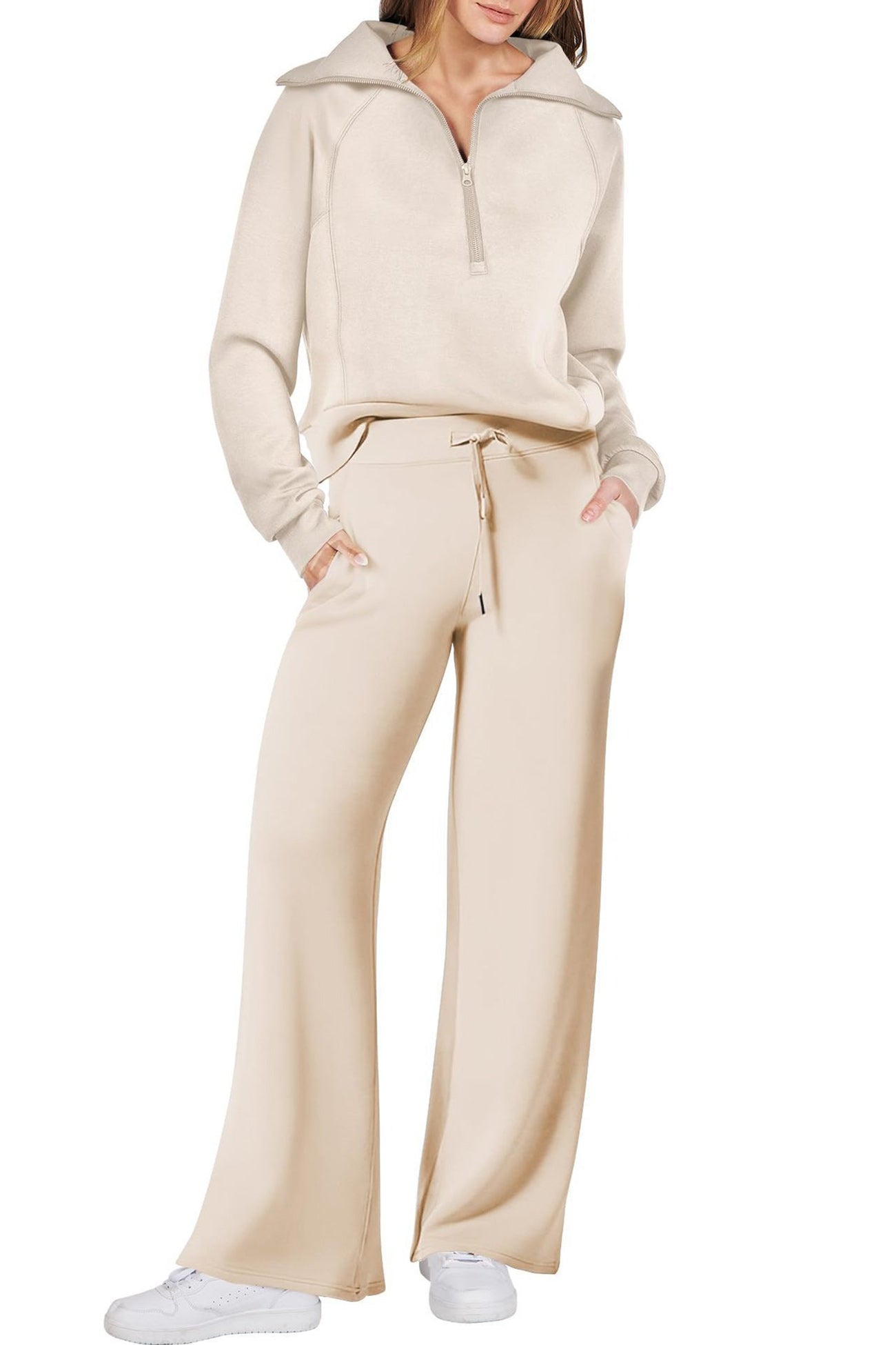 Maxct Lapel Zip-up Sweatshirt Wide Leg Long Pants Set