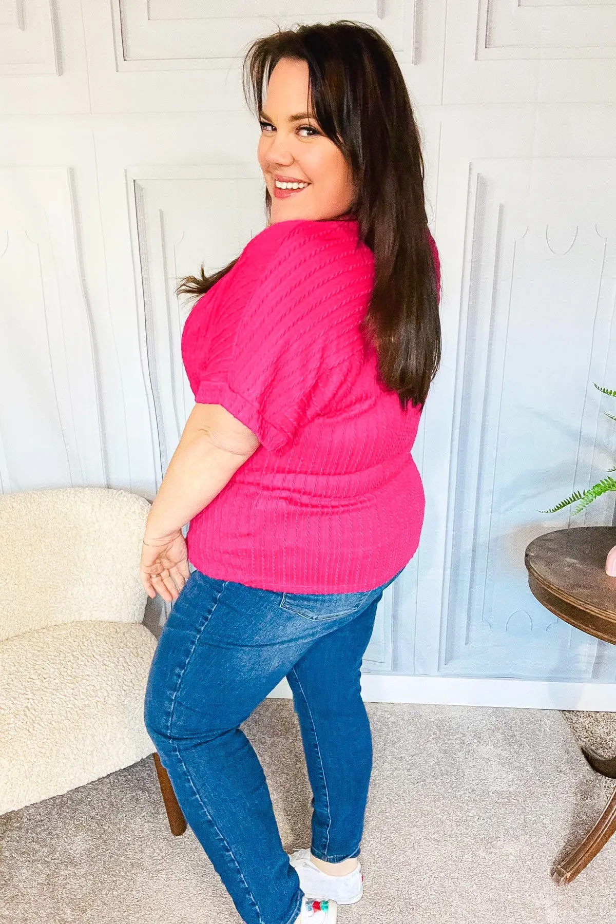 Maxct &Be Your Best Fuchsia Cable Knit Dolman Short Sleeve Sweater Top