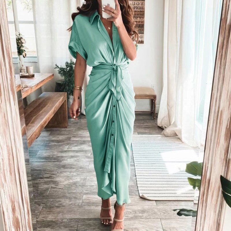 Maxct Short Sleeve Spring Dresses Fashion Summer Turn-down Collar Women Party Dress Elegant Button Office Lady Shirt Dress