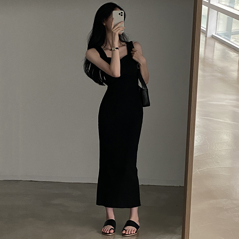 Basic Knit Long Dress Korean Square Collar Sleeveless Dresses Casual Y2k Vintage All-match Outftis