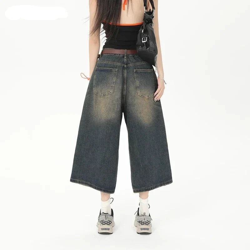 Vintage Streetwear Wide Leg Denim Shorts Y2K Fashion Loose Knee-Length Pants Maxct