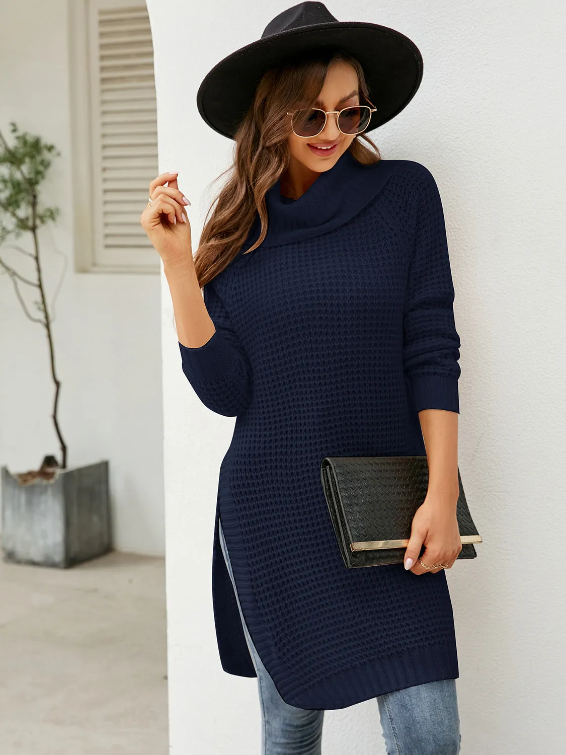 Maxct &Turtleneck Waffle-Knit Slit Sweater Dress