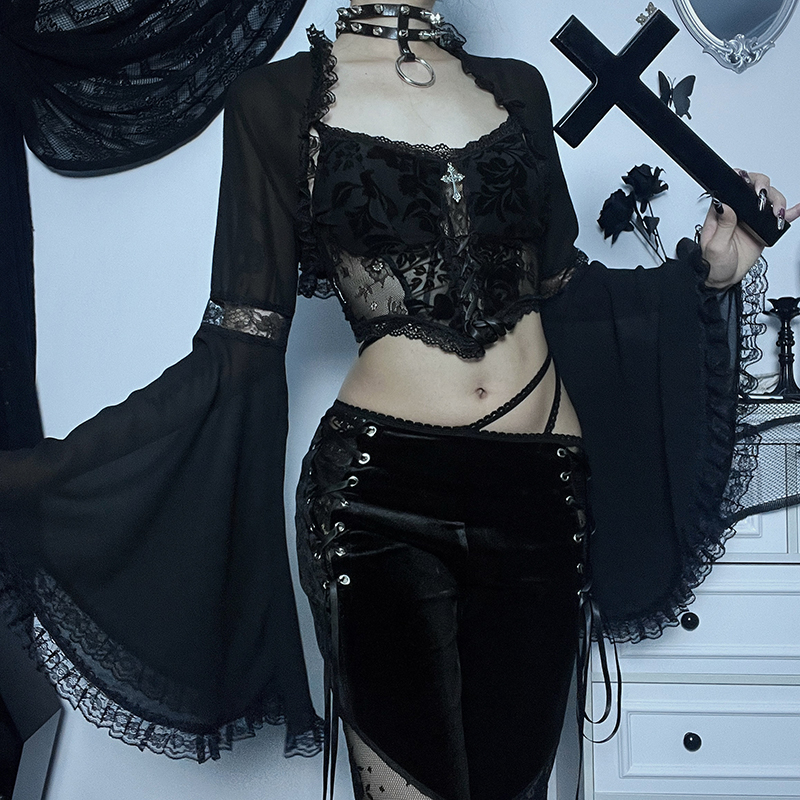 Women's Gothic Tops Dark Lace Lace Flared Sleeve Blouse Tops Street Sexy Slim Gauze Jacket