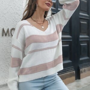 Striped V-Neck Drop Shoulder Sweater