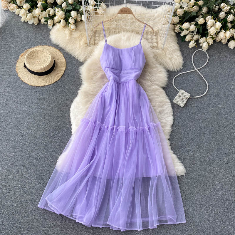 Women's Sexy Mesh Spaghetti Strap Long Dress Summer Orange/Purple/Blue/Pink Ruffle A-Line Beach Robe Female Elegant Party Vestidos