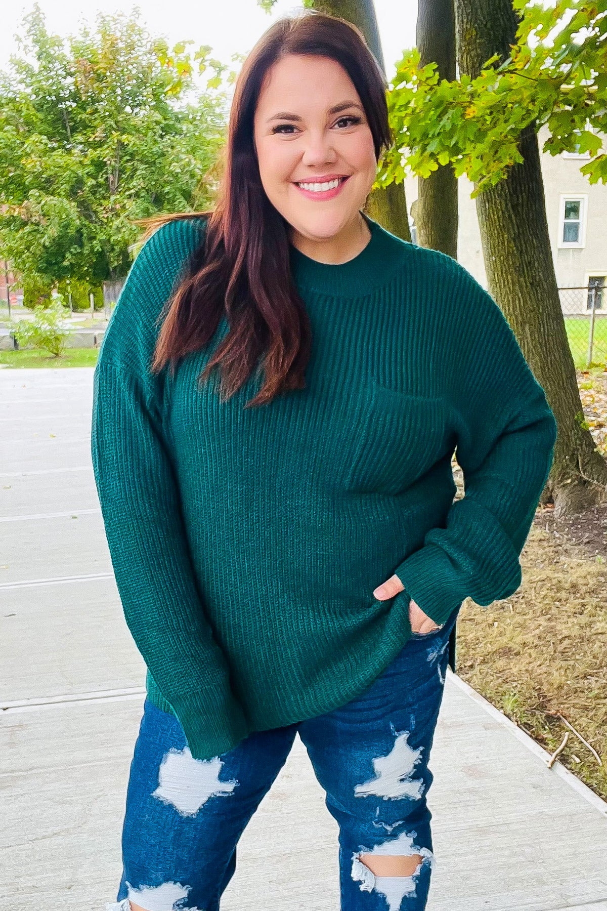 Maxct &Classy Chic Hunter Green Mock Neck Chest Pocket Knit Sweater