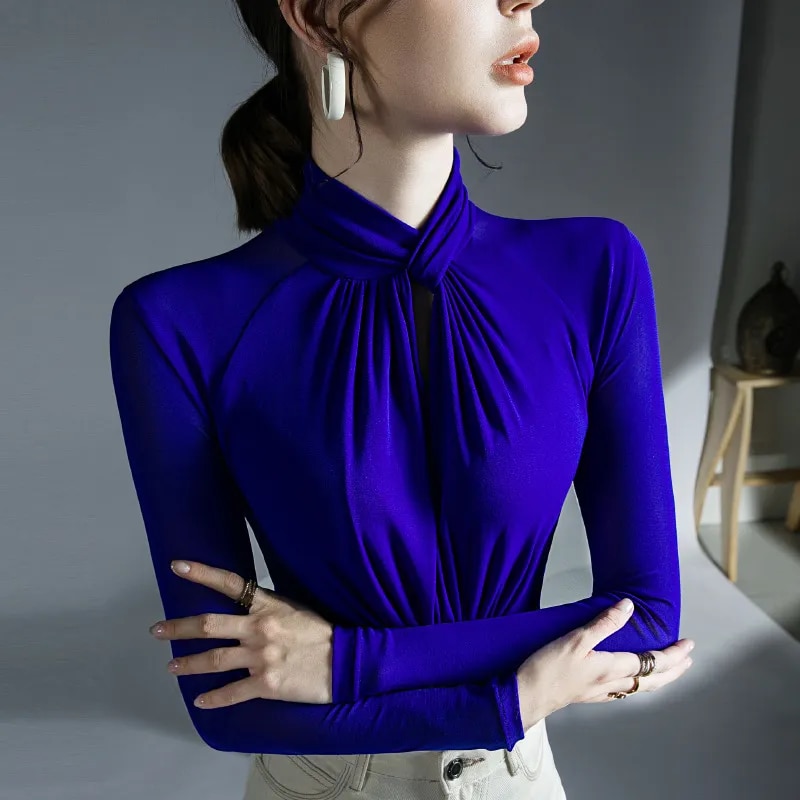 Maxct Mesh T Shirts Women Hollow Out Crossed Turtleneck Full Sleeve Tops Tees Lady Autumn High Stretchy Folds TShirt