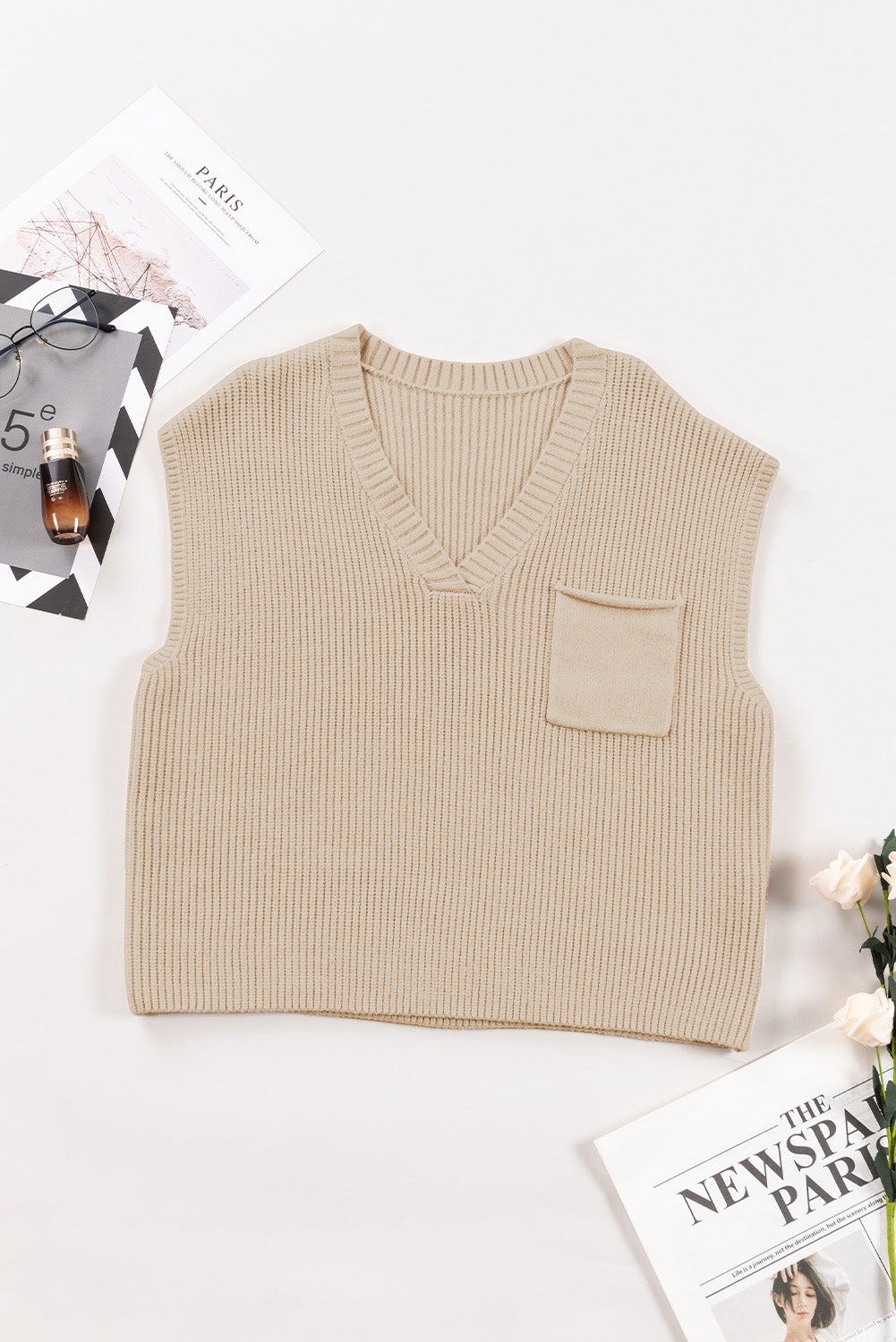 Maxct &Pocketed V-Neck Cap Sleeve Sweater