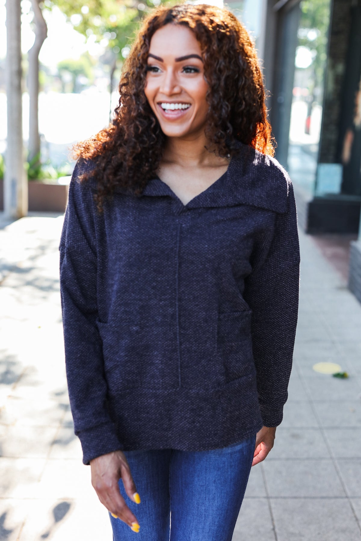 Maxct &Easy Living Charcoal Textured Knit Notch Neck Oversized Collar Sweater
