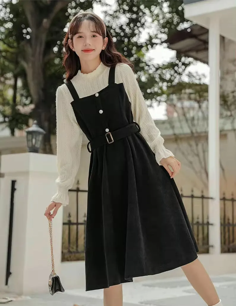 Corduroy Knit Belted Twofer Midi Dress Maxct