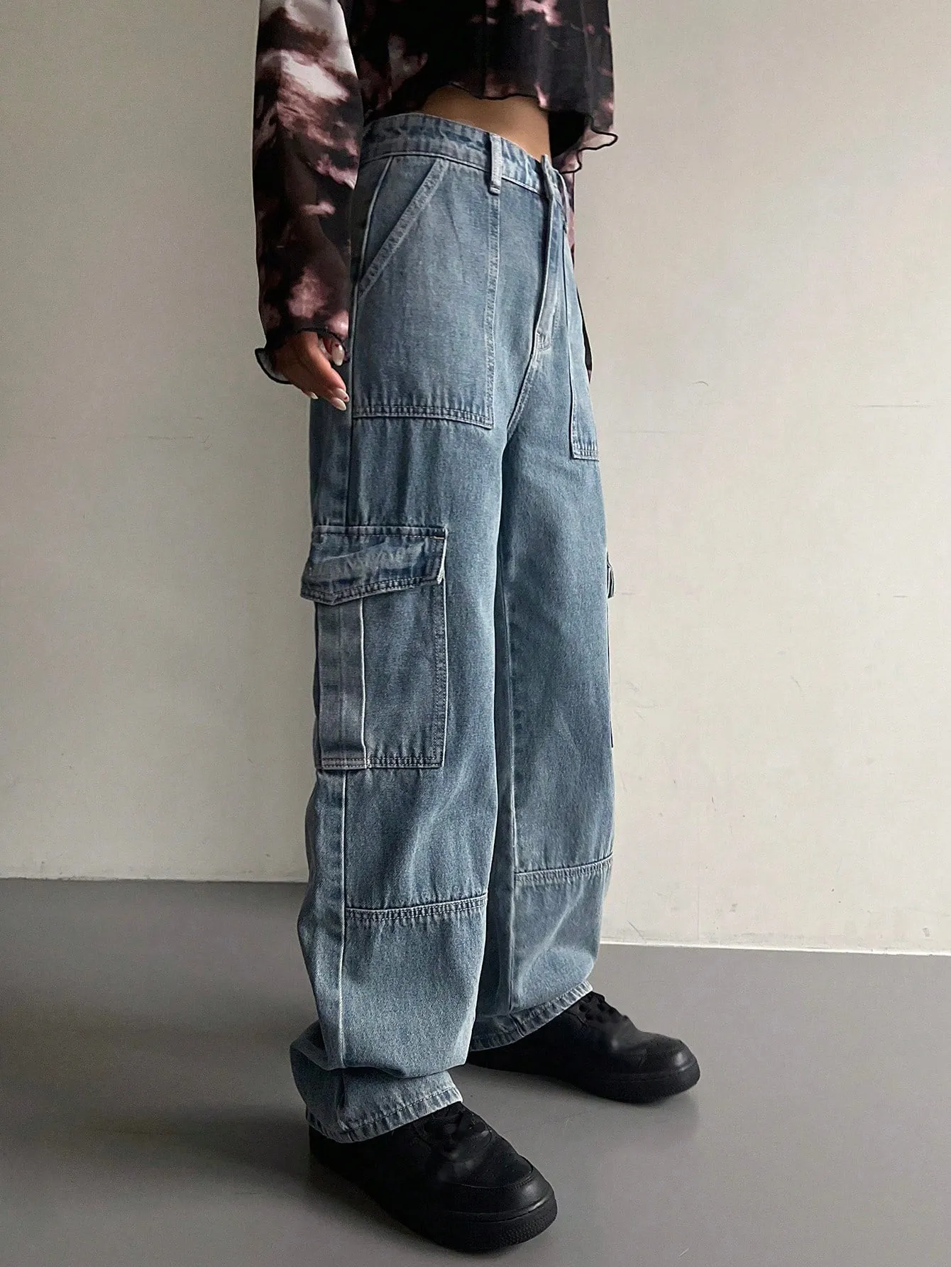 Maxct Women's Workwear Pocket Wide Leg Loose Casual Denim Pants