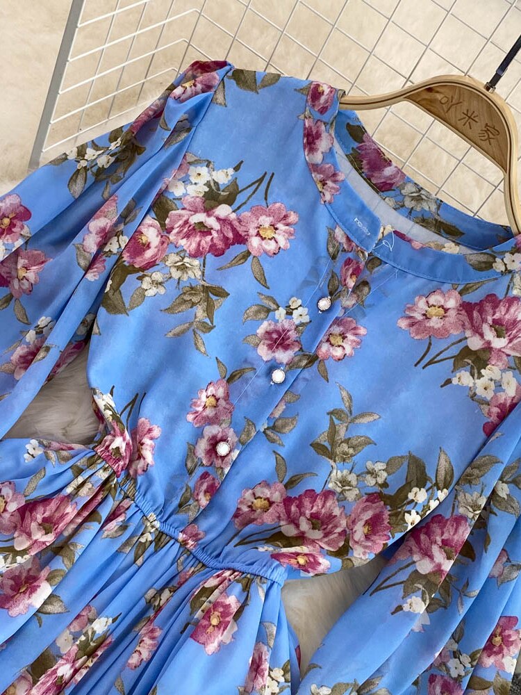 Maxct Vintage Floral Chiffon Long Dress Elegant O-Neck Puff Sleeve High Waist A-Line Ruffle Hem Vacation Beach Maxi Vestidos