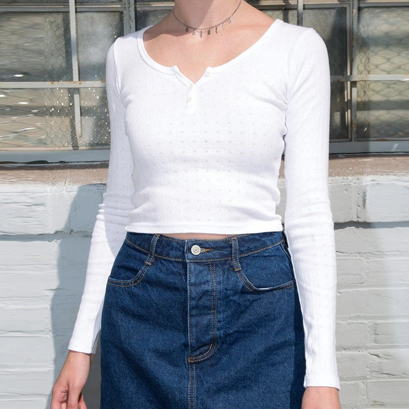 Maxct Chic Women Sweet Floral Hollow Out T-shirt Ribbed Cotton Long Sleeve Basic Tees Autumn Button Up Slim Fit Crop Top Clothes