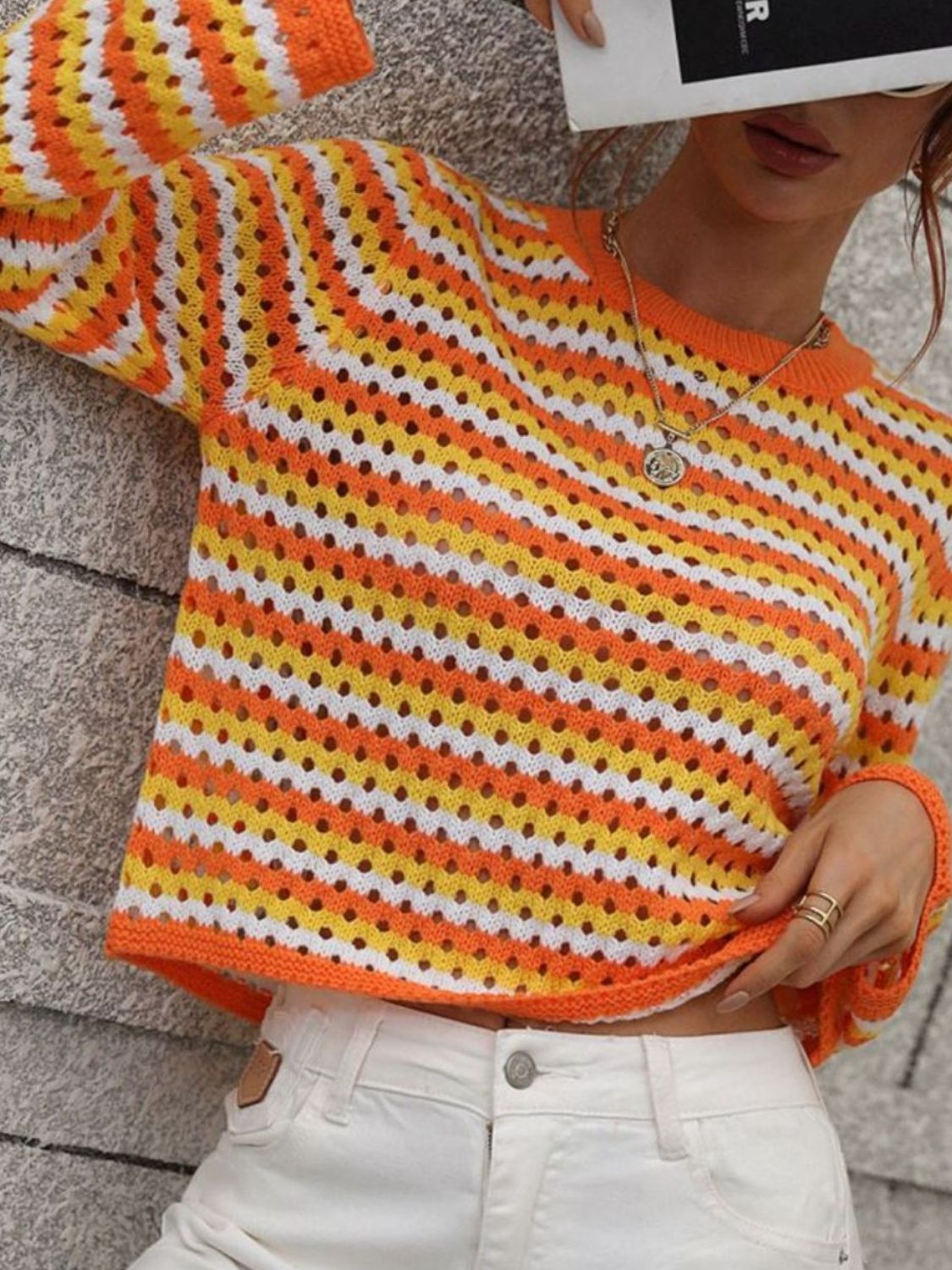 Maxct &Striped Openwork Long-Sleeve Knit Pullover