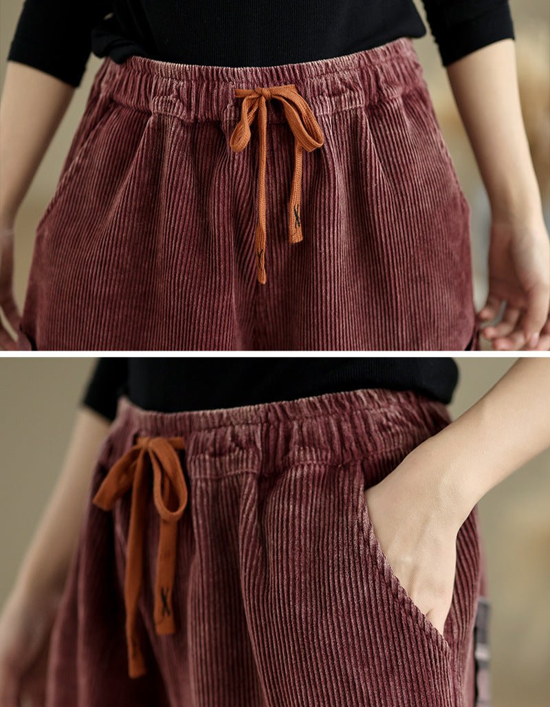 Maxct Women Winter Corduroy Fleece-Lined Casual Cropped Harem Pants