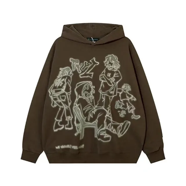Maxct Cartoon Graphic Print Hoodies Women Men Y2K Streetwear Harajuku Long Sleeve Pink Hooded Sweatshirt Vintage Casual Loose Hoodie