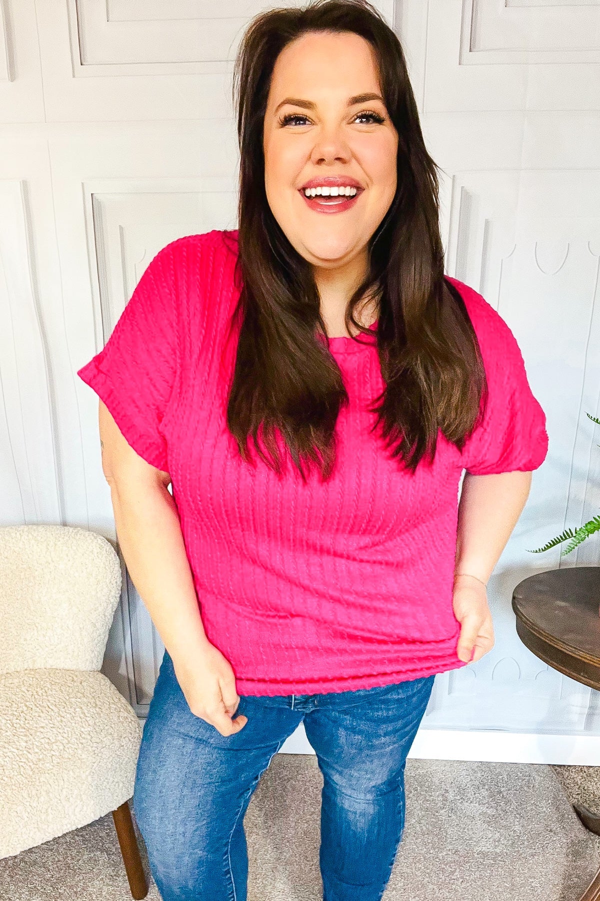 Maxct &Be Your Best Fuchsia Cable Knit Dolman Short Sleeve Sweater Top