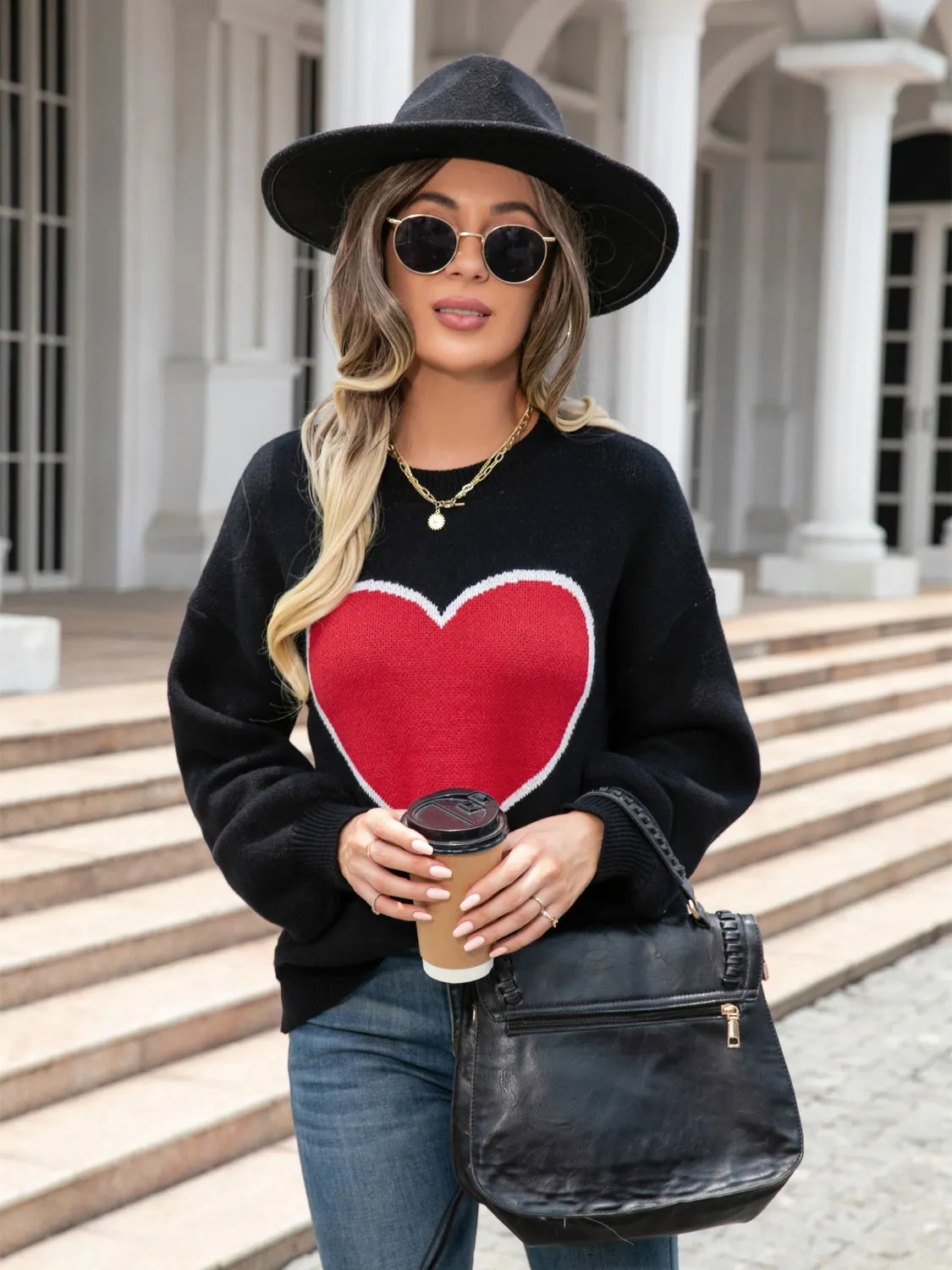 Maxct &Heart Graphic Round Neck Sweater