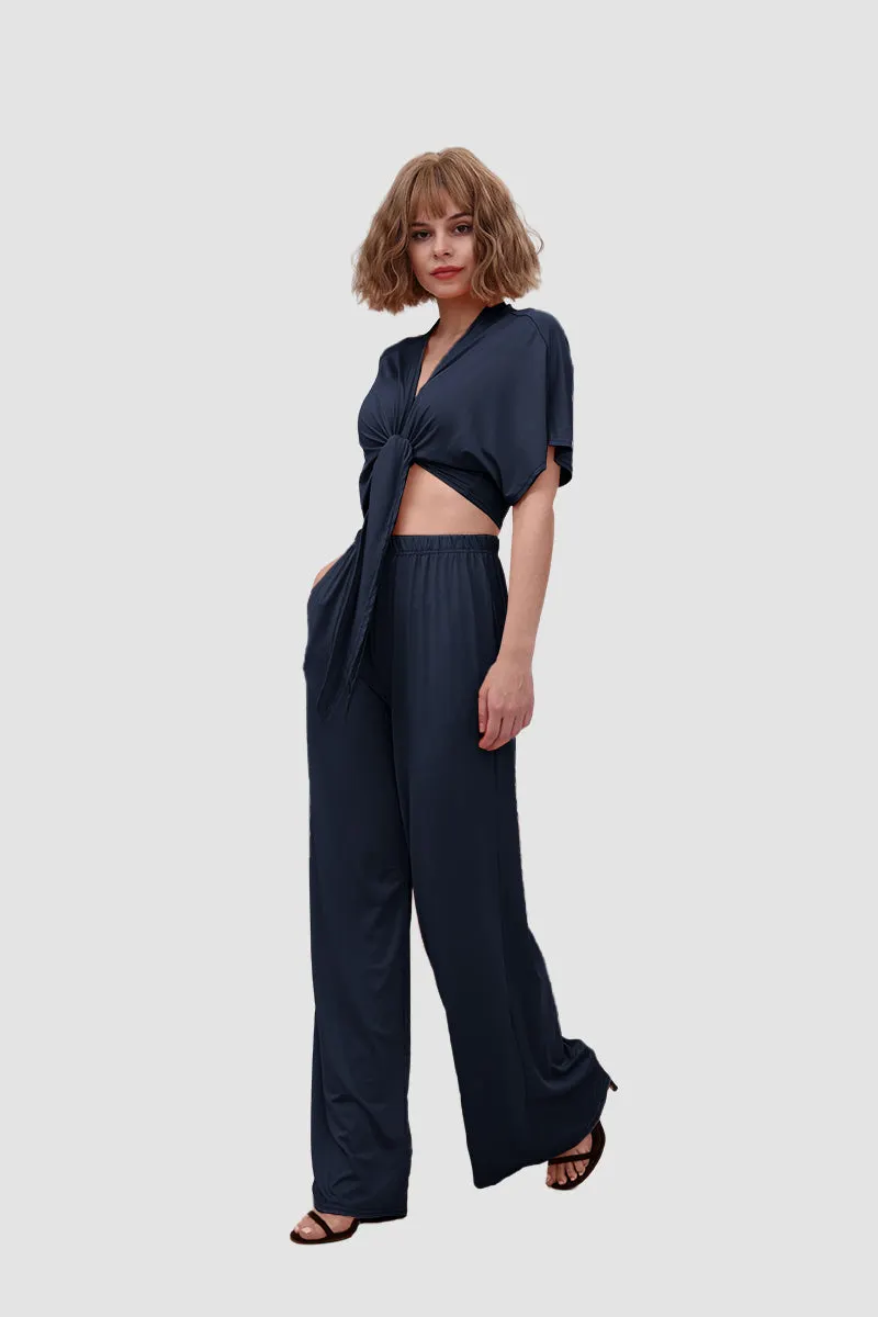 Maxct Deep V-neck Top & Elastic Wide Leg Pants