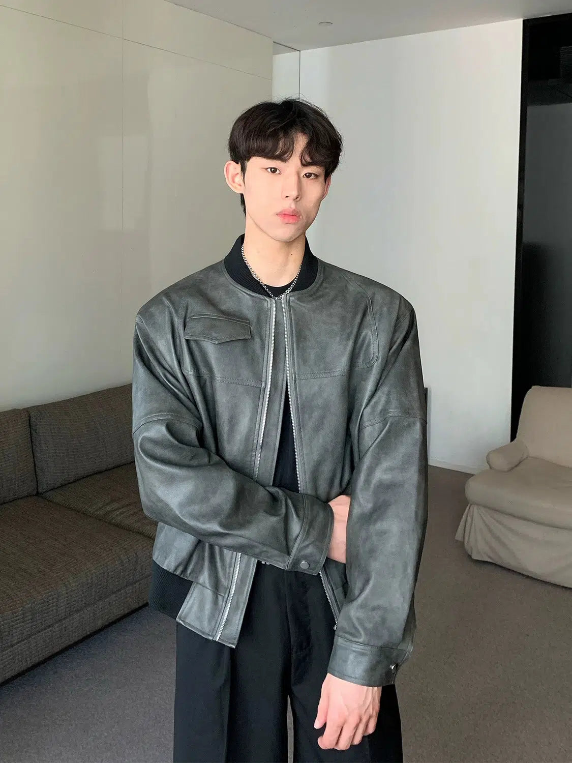 Maxct Round Neck PU Leather Jacket