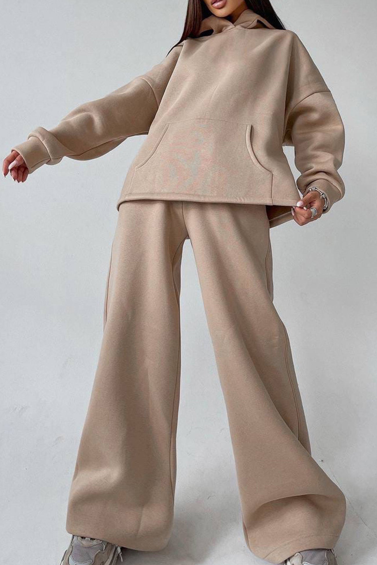Maxct Solid Hoodie Wide Leg Long Pants Suits