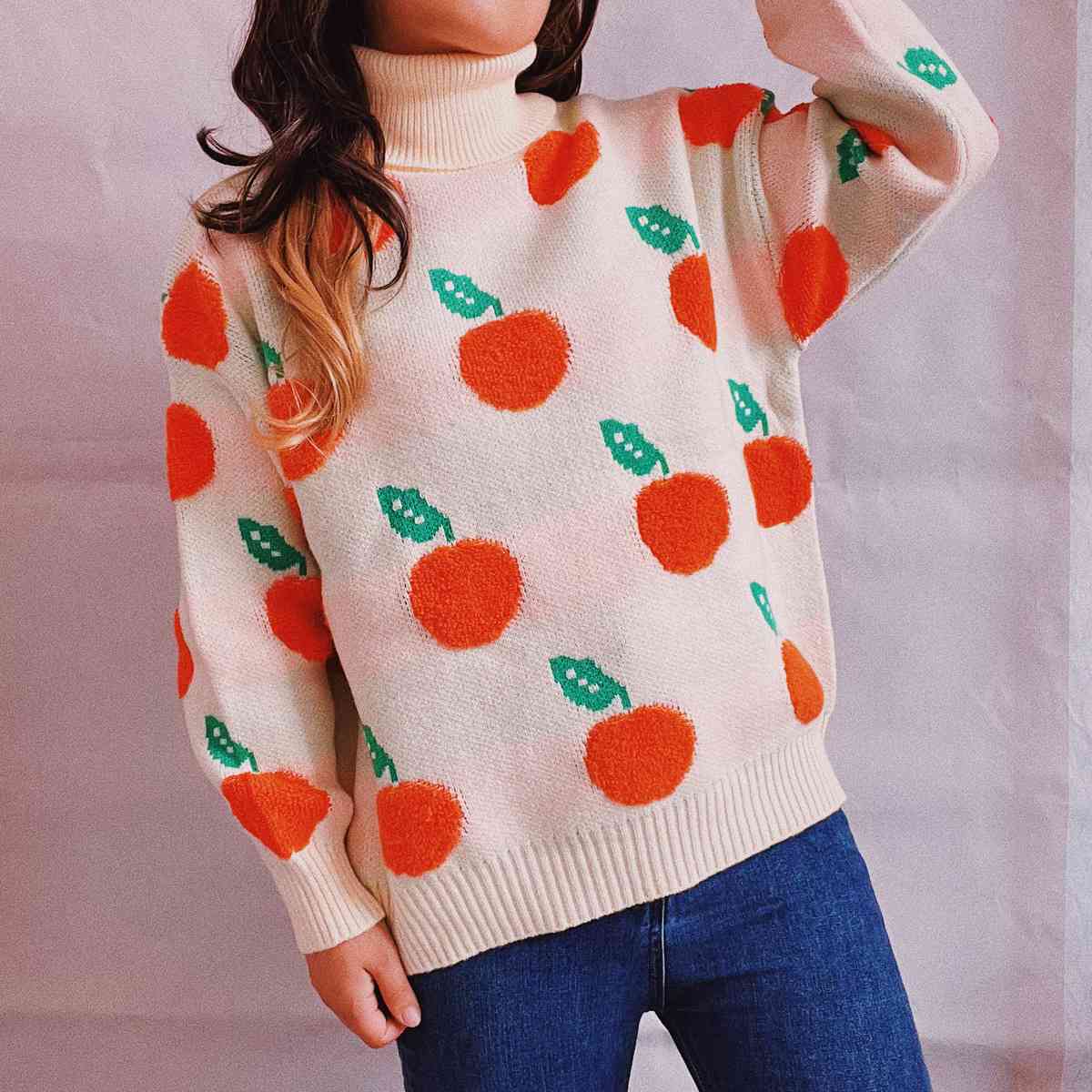 Maxct &Fruit Pattern Turtleneck Dropped Sweater