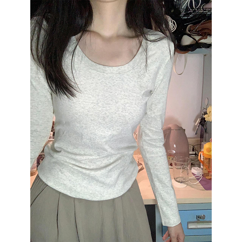 Shoulder T-Shirt Women's Spring and Autumn Outer Wearing Tight Waist Slim-Fit Pure Cotton Winter Inner Base Shirt New Long Sleeve Top