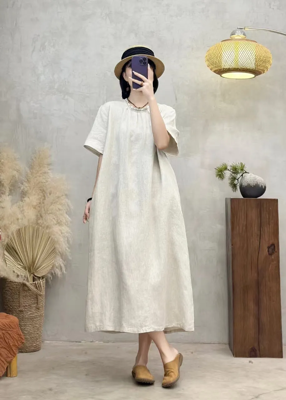 Maxct Retro Linen Ruffle Lapel Lace-Up Short Sleeves Dress