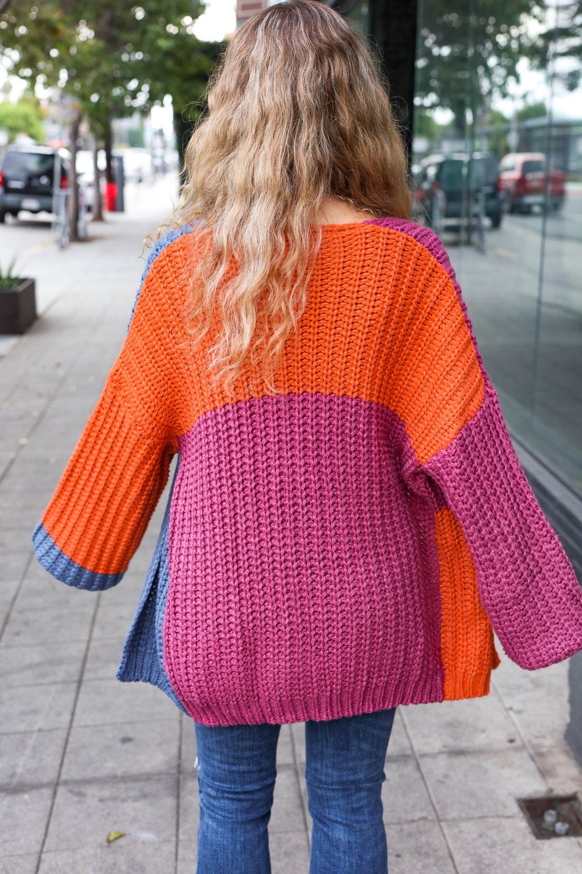 Maxct &Dazzle In Magenta & Navy Chunky Knit Color Block Cardigan