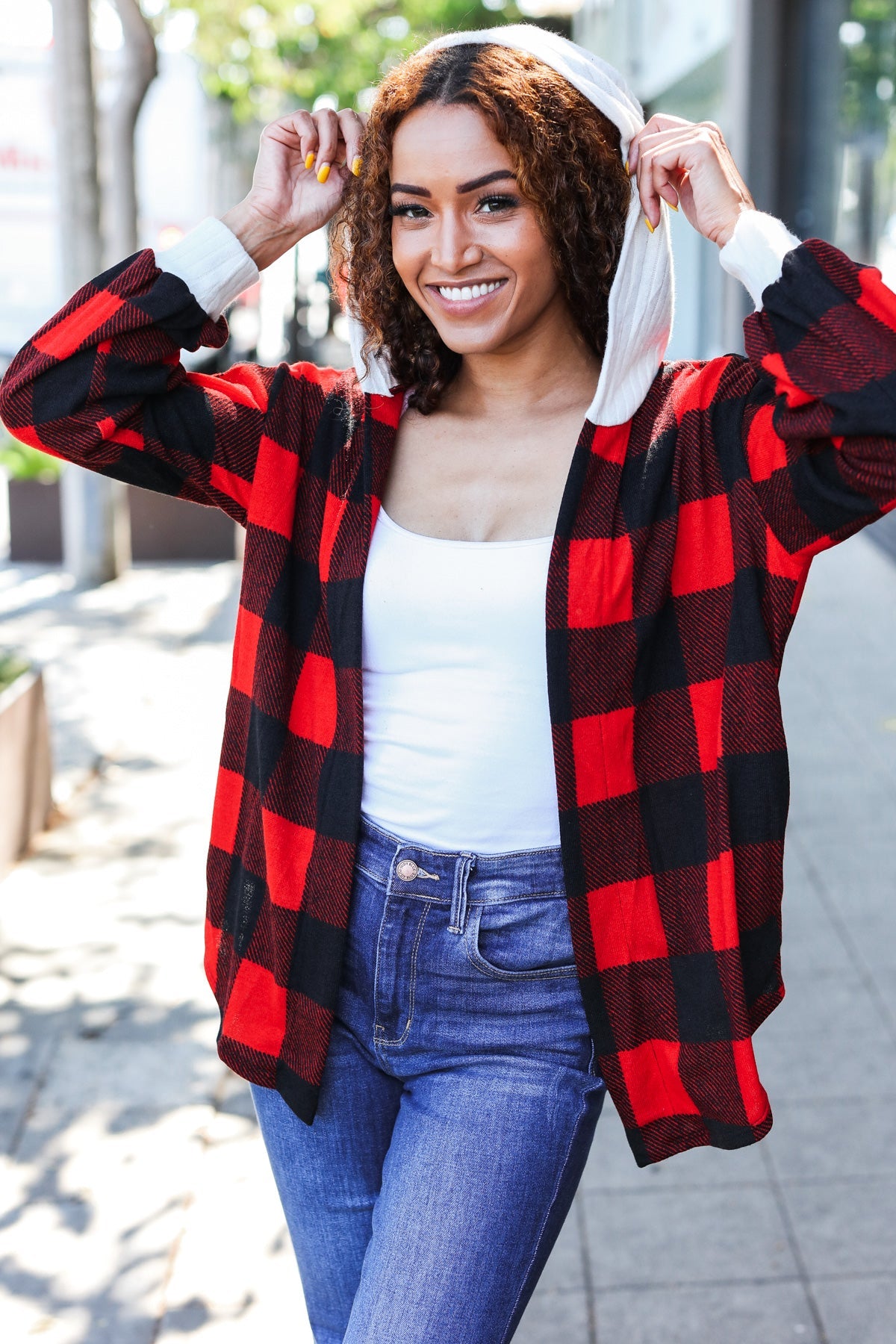 Maxct &Stepping Out Red Buffalo Plaid Ribbed Hooded Sweater