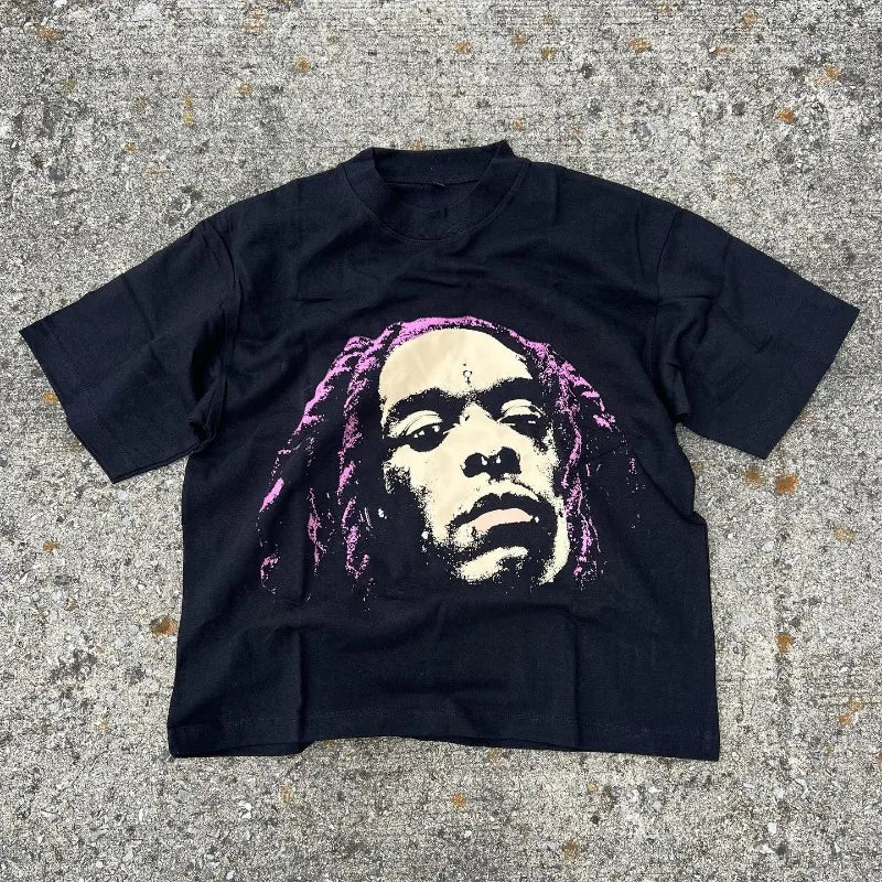 Maxct y2kGothic Street Hip Hop Harajuku Portrait Print Oversized T-Shirt Men's Fashion Loose Casual Harajuku White Belt Round Neck Top