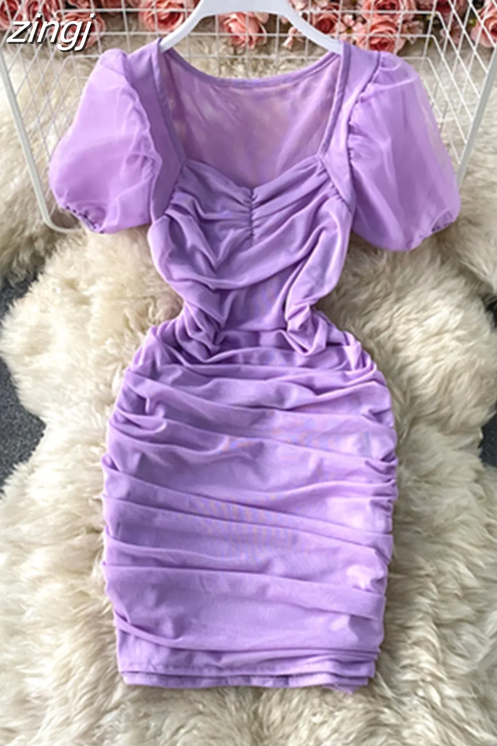 Maxct Sexy Mesh Draped Bodycon Dress Women Elegant Square Collar Short Puff Sleeve Pleated Vestidos Female Summer