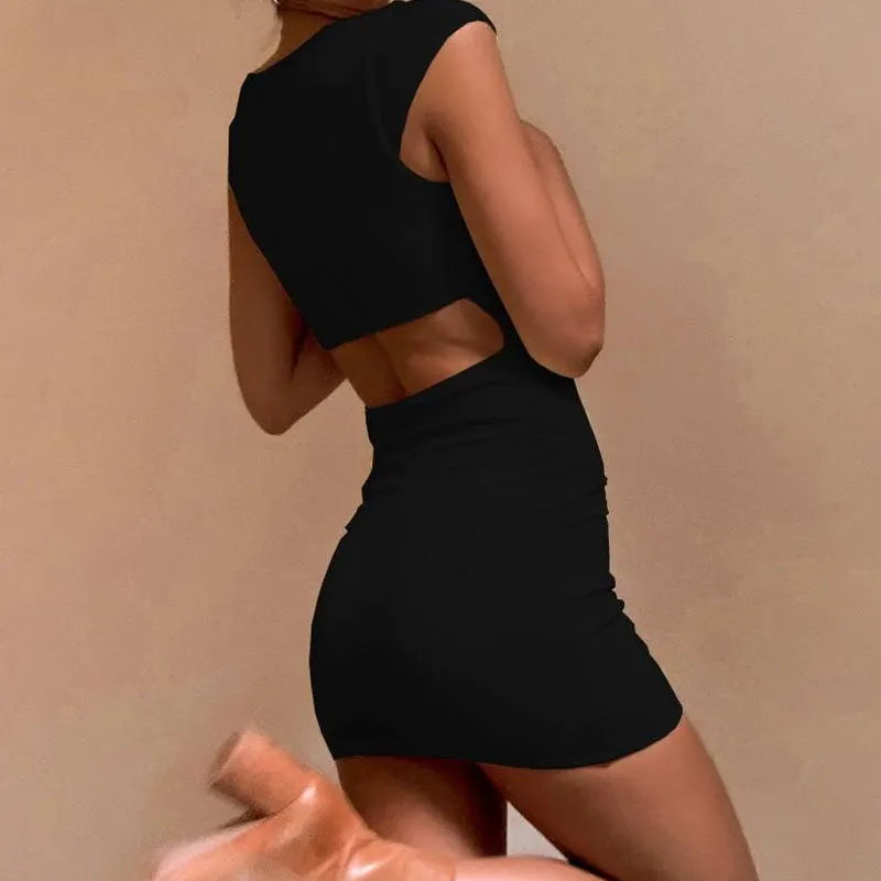 Cutout Back Short Sleeve Square Neck Bodycon Mini Dress - Black Maxct