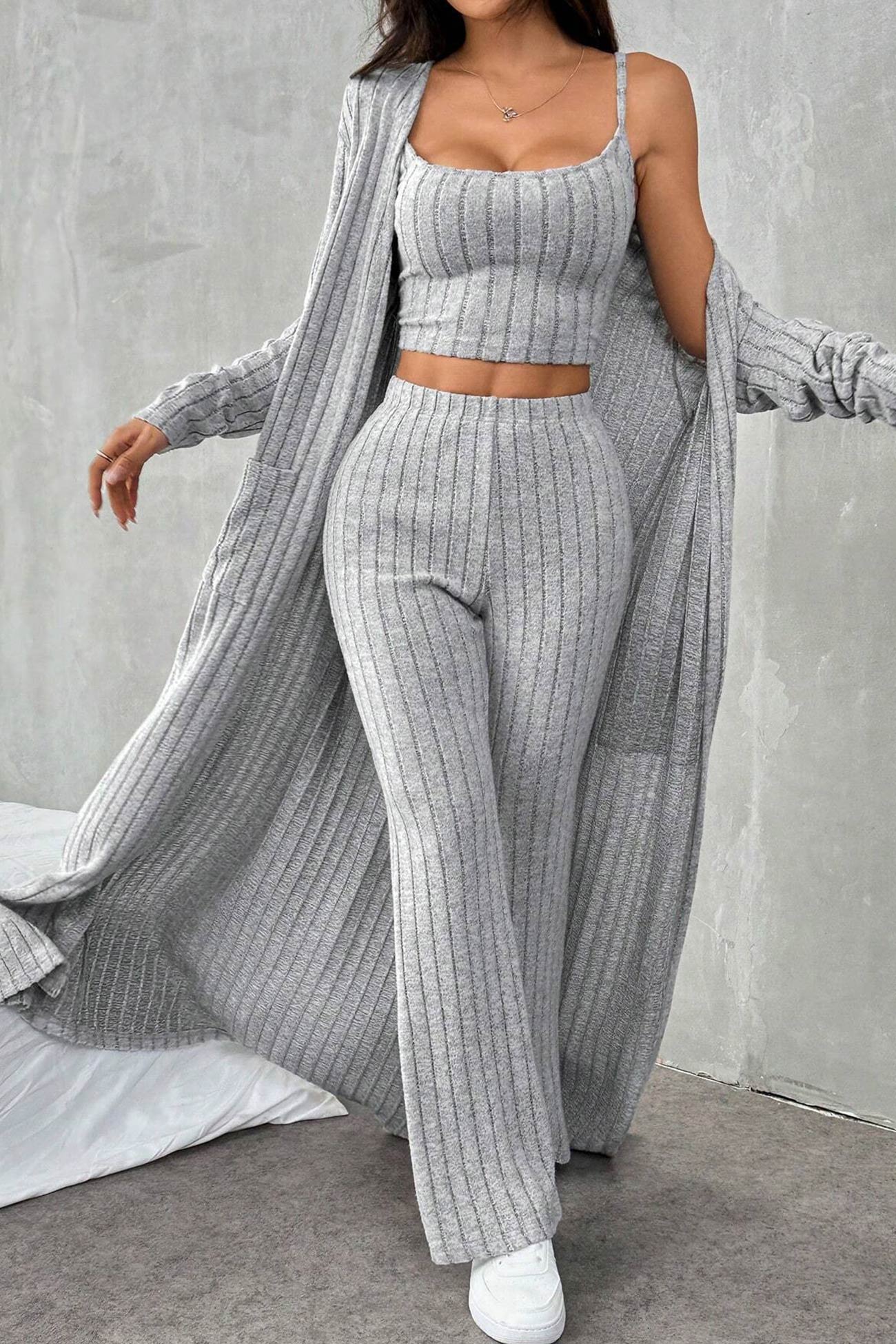 Maxct Grey Ribbed Knit Cardigan Three-piece Set