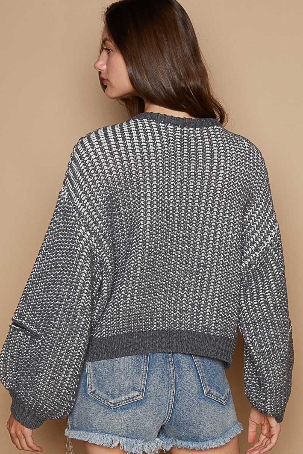 Maxct &POL Round Neck Heart Patch Zipper Point Sleeve Sweater