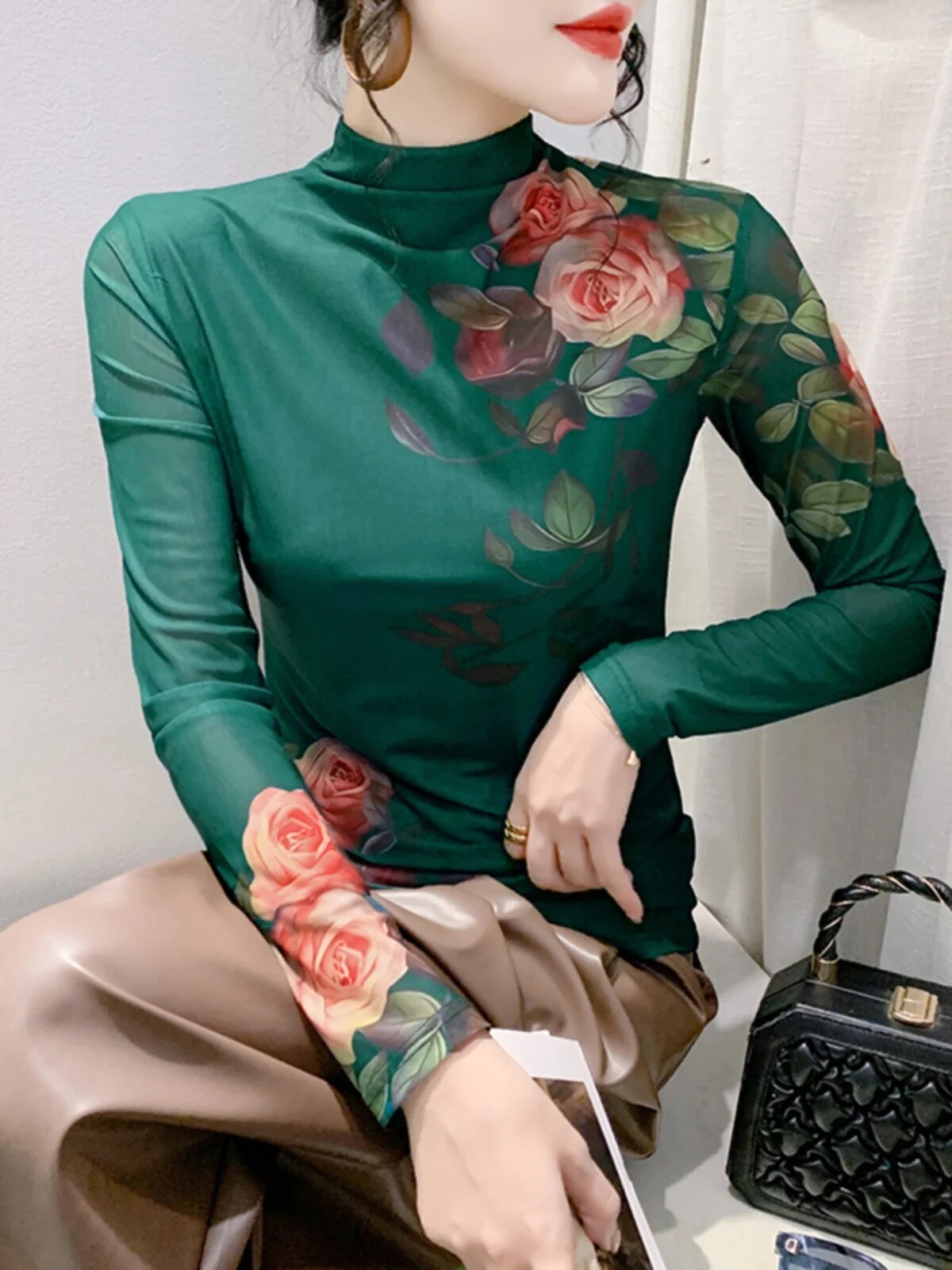 Maxct New High Neck Long Sleeve Mesh Positioning Printing T-shirt Women's Intimated Silk Light Fabric T Shirts Tops For Female