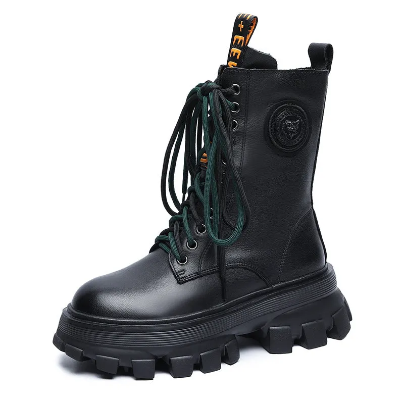 Retro Classic Chunky Heel Leather Mid-Calf Boots for women