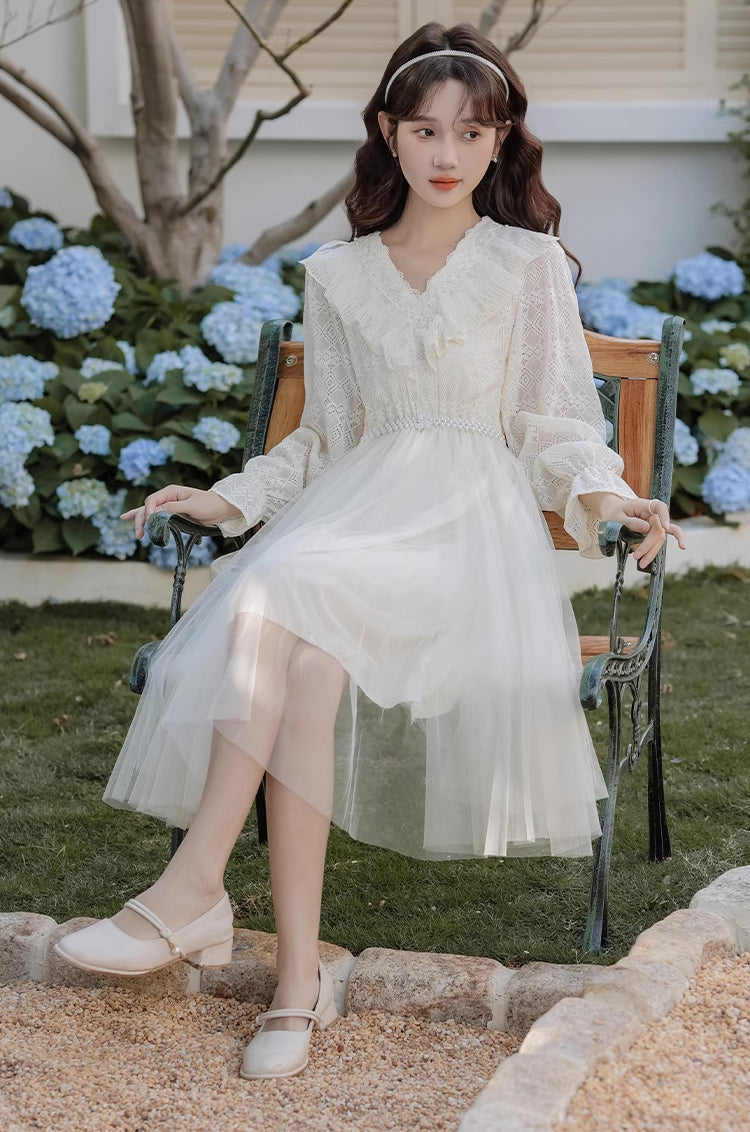V-Neck Lace & Tulle Midi Dress Maxct