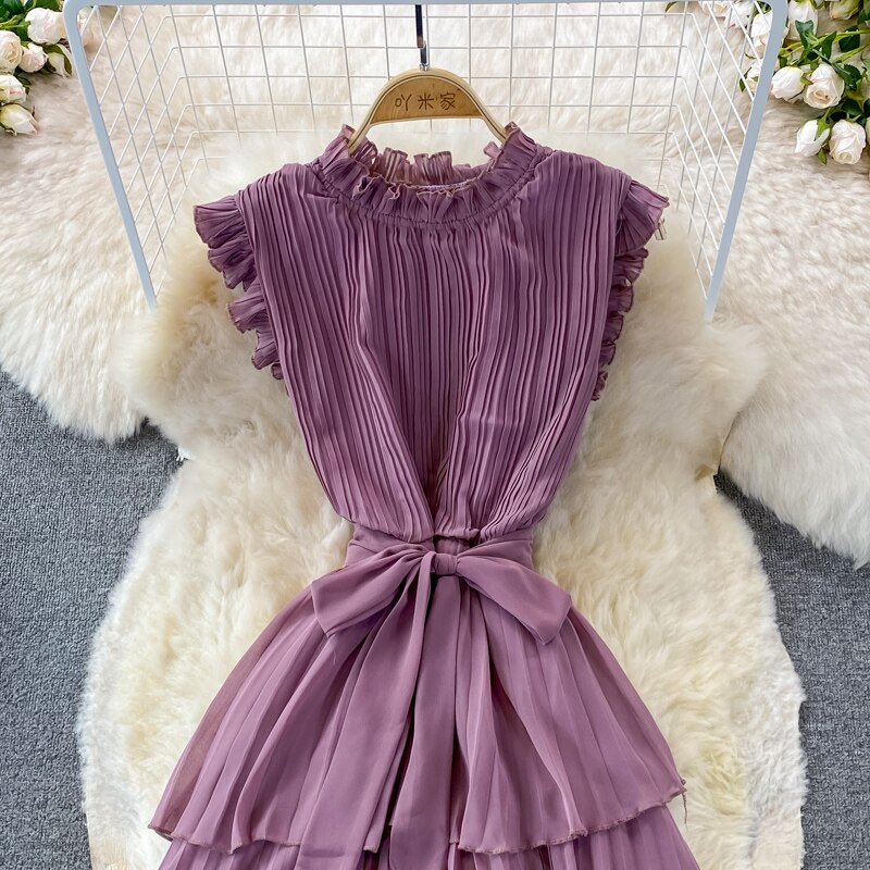 Women's Purple/Pink/Green Draped Dress Vintage Ruffle Stand Collar Sleeveless High Waist Party Pleated Vestidos Female New