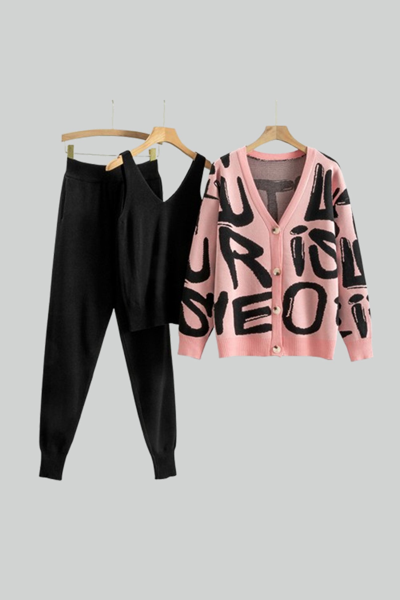 Maxct Letter Printed Cardigan Vest Long Pant Three Piece Set